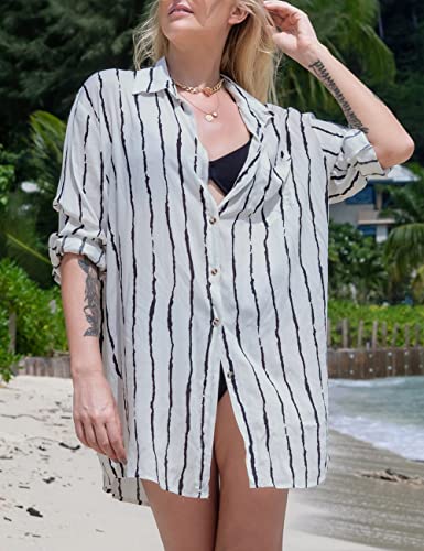 Bsubseach Long Sleeve Beach Shirt Blouses Women Turn Down Collar Bikini Bathing Suit Cover Ups Swimwear Apricot