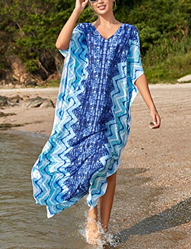 Bsubseach Green Snake Print Loose Kaftan Dress Plus Size Beach Cover Up Half Sleeve Caftan Maxi Dress for Women