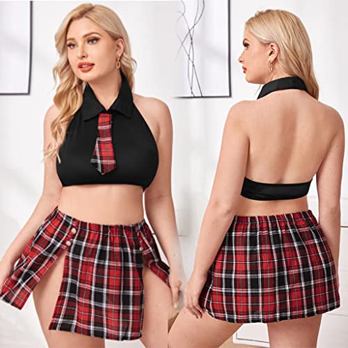 ROSVAJFY Women Sexy Cosplay Lingerie Outfit Set 2 Pcs Costume Preppy Style Shirt Skirt Tie Naughty Wear Button Design Side Split Mini Plaid Fancy Dress Uniform for Party Club Halloween White-Green