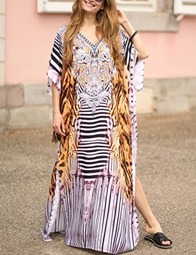 Bsubseach Green Snake Print Loose Kaftan Dress Plus Size Beach Cover Up Half Sleeve Caftan Maxi Dress for Women
