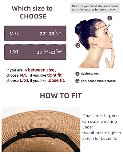 FURTALK Sun Hats for Women Men, Adjustable Summer Panama Fedora Wide Brim Hat UV UPF 50+,Foldable Packable Straw Beach Hat Beige
