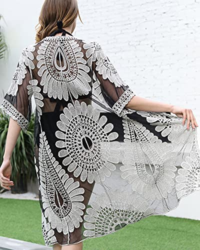 Women Swimsuit Cover Up Bathing Suit Kimono Long Beach Dress Floral Lace Bikini Swim Coverup Sun Protection Clothing