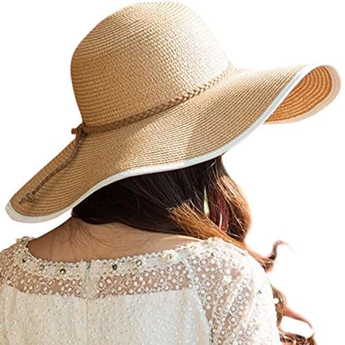 Lanzom Womens 5.5 Inches Wide Brim Straw Hat Floppy Foldable Roll up Cap Beach Sun Hat