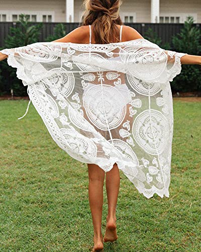 Women Swimsuit Cover Up Bathing Suit Kimono Long Beach Dress Floral Lace Bikini Swim Coverup Sun Protection Clothing