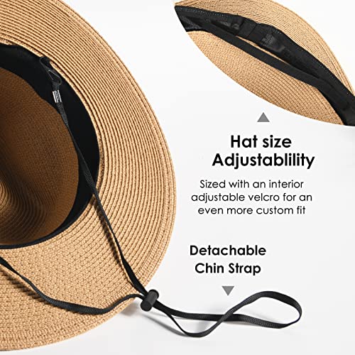 FURTALK Sun Hats for Women Men, Adjustable Summer Panama Fedora Wide Brim Hat UV UPF 50+,Foldable Packable Straw Beach Hat Beige