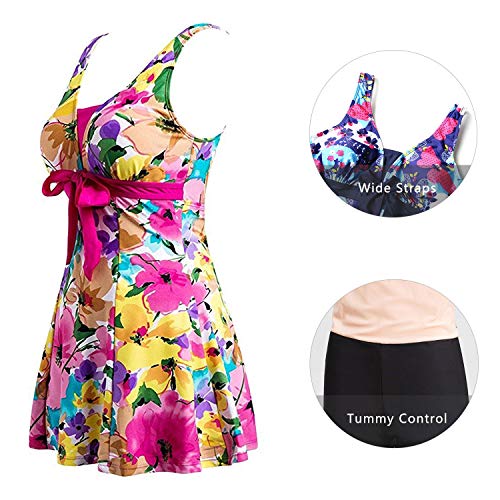 ECUPPER Womens Plus Size Skirted Swimsuit Floral Printed Swimwear Padded Swim Suit Dress with Boy Shorts