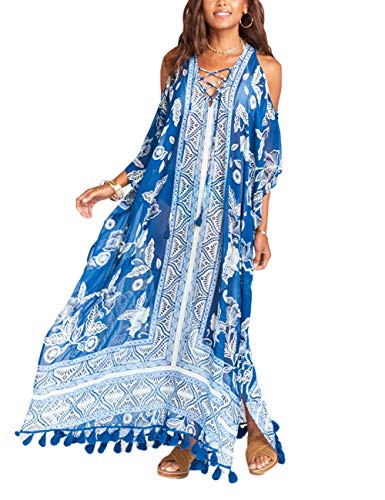 Bsubseach Chiffon Print Shirt Dress Beach Cover Up Loose Turn Down Collar Long Sleeve Bikini Kaftan Cover Ups for Swimwear Women