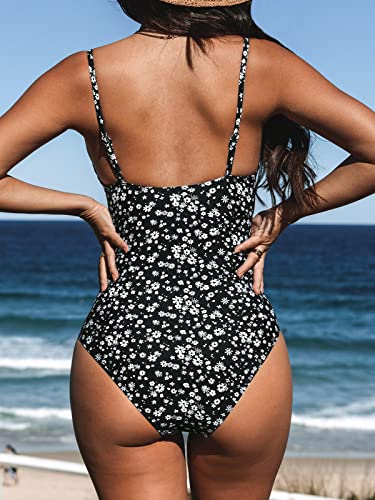 CUPSHE Women Swimsuit One Piece V Neck Tummy Control Ruched Front Low Back Bathing Suit Swimwear