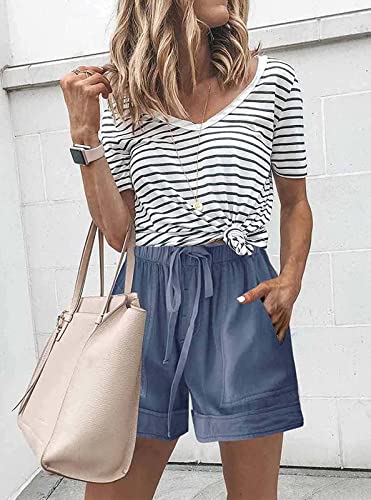 comefohome Womens Drawstring Shorts Summer Cotton Elastic Waist Solid Color Casual Shorts UK with Pockets Blue M