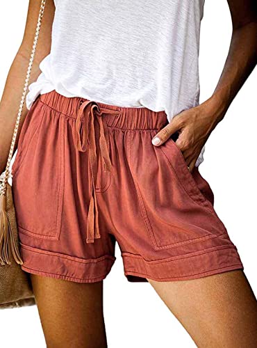 comefohome Womens Drawstring Shorts Summer Cotton Elastic Waist Solid Color Casual Shorts UK with Pockets Blue M