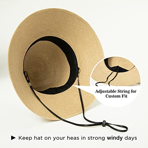 Comhats Sun Hats for Women Foldable UV Protection Large Wide Brimmed Floppy Panama Style Straw Beach Hat Fashionable Fedora Adjustable Beige