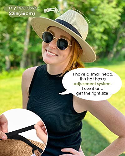 FURTALK Sun Hats for Women Men, Adjustable Summer Panama Fedora Wide Brim Hat UV UPF 50+,Foldable Packable Straw Beach Hat Beige