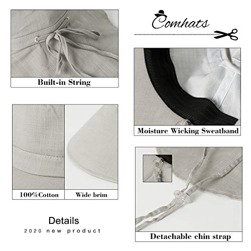 Comhats Ladies Sun Hat Foldable UPF 50 Wide Brim with Neck Protection Summer Spring UV Cotton Safari Gardening Walking Hat with Chin Strap Beige Small