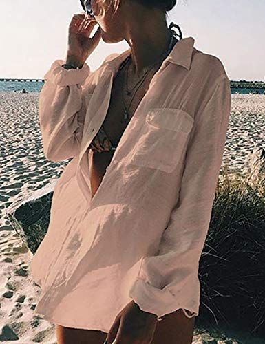 Bsubseach Long Sleeve Beach Shirt Blouses Women Turn Down Collar Bikini Bathing Suit Cover Ups Swimwear Apricot