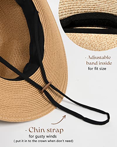 FURTALK Sun Hats for Women Men, Adjustable Summer Panama Fedora Wide Brim Hat UV UPF 50+,Foldable Packable Straw Beach Hat Beige