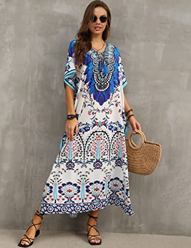 Bsubseach Green Snake Print Loose Kaftan Dress Plus Size Beach Cover Up Half Sleeve Caftan Maxi Dress for Women