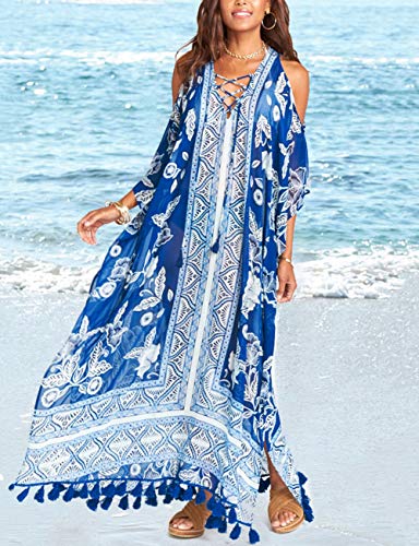 Bsubseach Chiffon Print Shirt Dress Beach Cover Up Loose Turn Down Collar Long Sleeve Bikini Kaftan Cover Ups for Swimwear Women