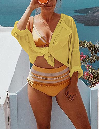 Bsubseach Long Sleeve Beach Shirt Blouses Women Turn Down Collar Bikini Bathing Suit Cover Ups Swimwear Apricot