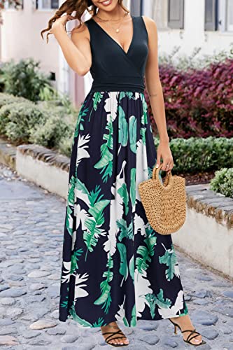 OUGES Women's Summer Casual V Neck Short Sleeve Floral Pattern Wrap Ladies Maxi Long Dress with Pockets