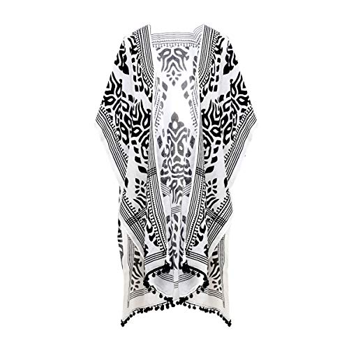 Women Beach Cover Up Kimono Cardigans Pom Pom, Boho Chiffon Sheer Lady Bikini Coverup, Swimsui Pompom Trim, Pool Cardigan Duster, Plus Size Beach Swim Wear, Bathting Suit Swimsuit Swimwear