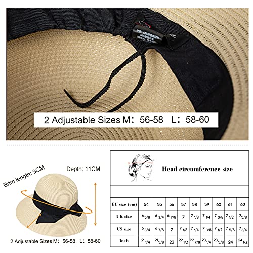 Comhats Sun Hats for Women Foldable UV Protection Large Wide Brimmed Floppy Panama Style Straw Beach Hat Fashionable Fedora Adjustable Beige