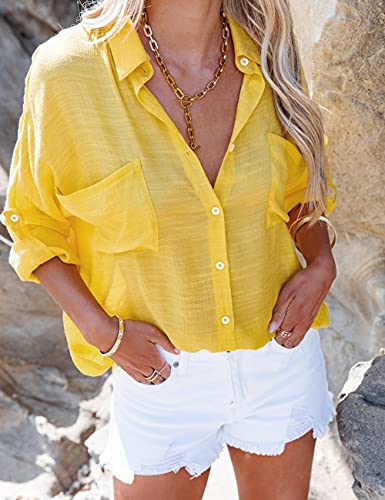 Bsubseach Women Casual Navy Turn Down Collar Bikini Bathing Suit Cover Ups Long Sleeve Beach Cover Up with Pockets