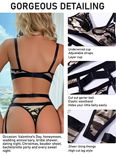 popiv Sexy Lingerie Set for Women 4 Piece Bra and Panty Set with Garter Belt Strappy Lingerie Set with Thigh Cuffs