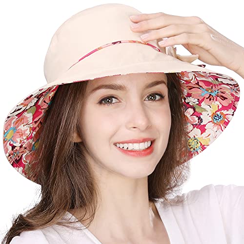Comhats Ladies Sun Hat Foldable UPF 50 Wide Brim with Neck Protection Summer Spring UV Cotton Safari Gardening Walking Hat with Chin Strap Beige Small