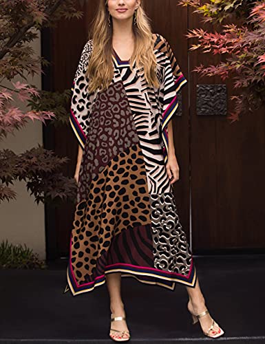 Bsubseach Green Snake Print Loose Kaftan Dress Plus Size Beach Cover Up Half Sleeve Caftan Maxi Dress for Women
