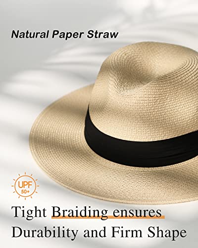 FURTALK Sun Hats for Women Men, Adjustable Summer Panama Fedora Wide Brim Hat UV UPF 50+,Foldable Packable Straw Beach Hat Beige