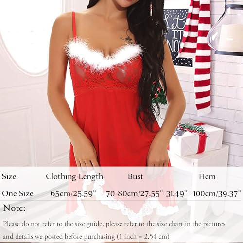 Women's Sexy Christmas Lingerie Night Dress with Thong, Ladies Red Santa Babydoll Chemise Backless, See Through Lace Mesh Spice Nightgown Outfit, V Neck Nightwear Negligee, Slit Front Xmas Sleepwear