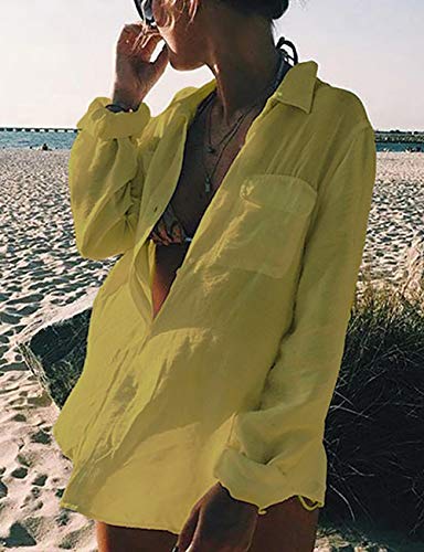 Bsubseach Long Sleeve Beach Shirt Blouses Women Turn Down Collar Bikini Bathing Suit Cover Ups Swimwear Apricot