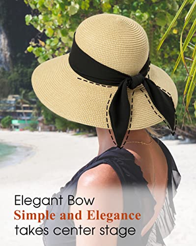 Comhats Sun Hats for Women Foldable UV Protection Large Wide Brimmed Floppy Panama Style Straw Beach Hat Fashionable Fedora Adjustable Beige