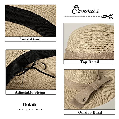 Comhats Sun Hats for Women Foldable UV Protection Large Wide Brimmed Floppy Panama Style Straw Beach Hat Fashionable Fedora Adjustable Beige