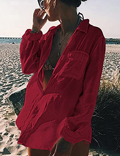 Bsubseach Long Sleeve Beach Shirt Blouses Women Turn Down Collar Bikini Bathing Suit Cover Ups Swimwear Apricot