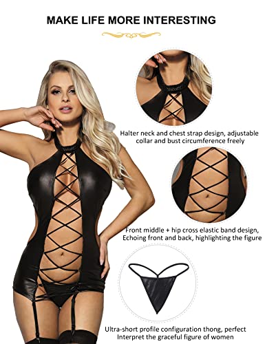 ohyeahgirl Women Faux Leather Babydoll Garter Lingerie Sexy Babydoll Nightwear
