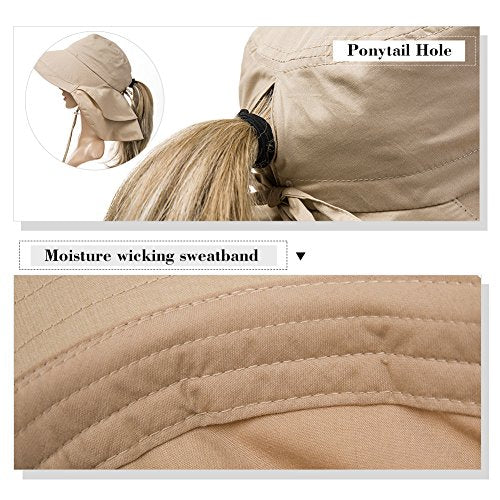 Comhats Ladies Sun Hat Foldable UPF 50 Wide Brim with Neck Protection Summer Spring UV Cotton Safari Gardening Walking Hat with Chin Strap Beige Small