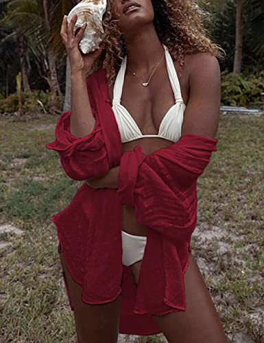 Bsubseach Long Sleeve Beach Shirt Blouses Women Turn Down Collar Bikini Bathing Suit Cover Ups Swimwear Apricot