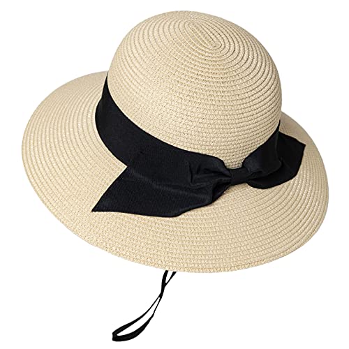 Comhats Sun Hats for Women Foldable UV Protection Large Wide Brimmed Floppy Panama Style Straw Beach Hat Fashionable Fedora Adjustable Beige