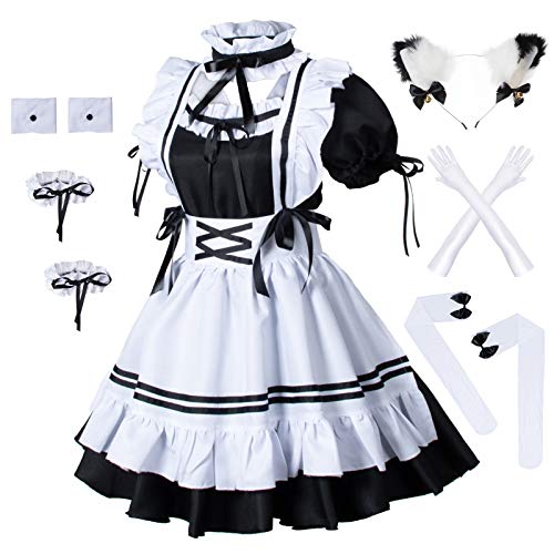 Wannsee Anime French Maid Apron Lolita Fancy Dress Cosplay Costume Furry Cat Ear Gloves Socks Set