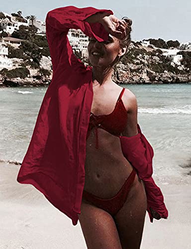 Bsubseach Long Sleeve Beach Shirt Blouses Women Turn Down Collar Bikini Bathing Suit Cover Ups Swimwear Apricot