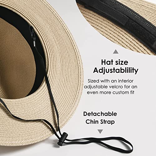 FURTALK Sun Hats for Women Men, Adjustable Summer Panama Fedora Wide Brim Hat UV UPF 50+,Foldable Packable Straw Beach Hat Beige