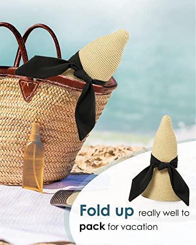Comhats Sun Hats for Women Foldable UV Protection Large Wide Brimmed Floppy Panama Style Straw Beach Hat Fashionable Fedora Adjustable Beige