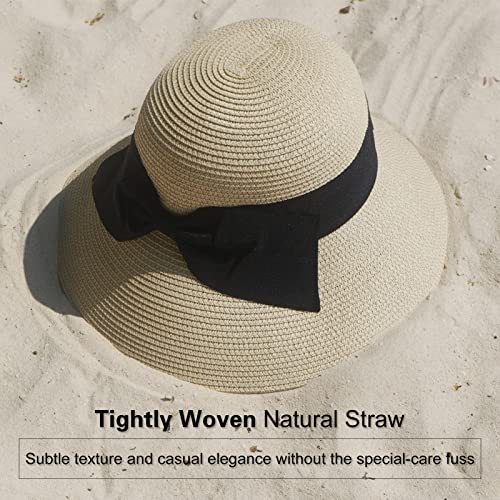 Comhats Sun Hats for Women Foldable UV Protection Large Wide Brimmed Floppy Panama Style Straw Beach Hat Fashionable Fedora Adjustable Beige
