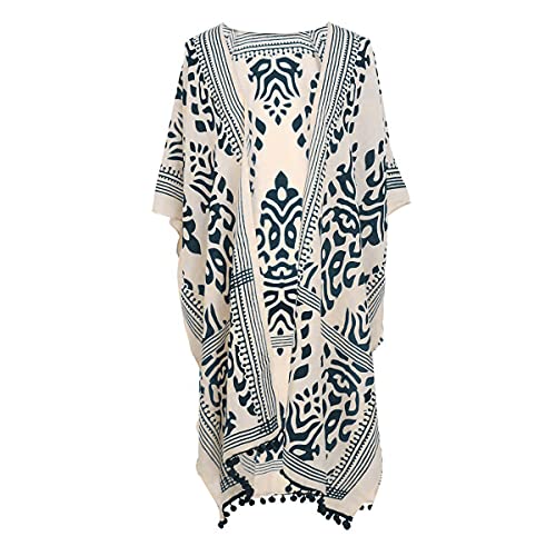 Women Beach Cover Up Kimono Cardigans Pom Pom, Boho Chiffon Sheer Lady Bikini Coverup, Swimsui Pompom Trim, Pool Cardigan Duster, Plus Size Beach Swim Wear, Bathting Suit Swimsuit Swimwear