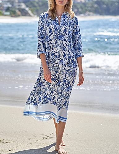 Bsubseach Chiffon Print Shirt Dress Beach Cover Up Loose Turn Down Collar Long Sleeve Bikini Kaftan Cover Ups for Swimwear Women