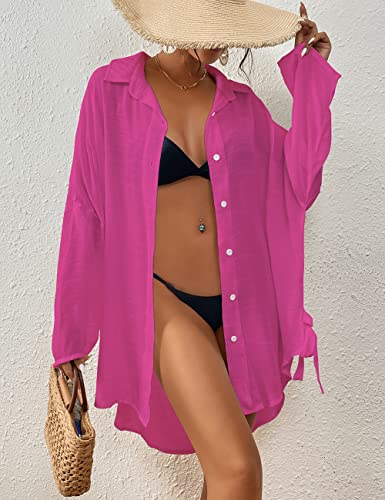 Bsubseach Women Casual Navy Turn Down Collar Bikini Bathing Suit Cover Ups Long Sleeve Beach Cover Up with Pockets