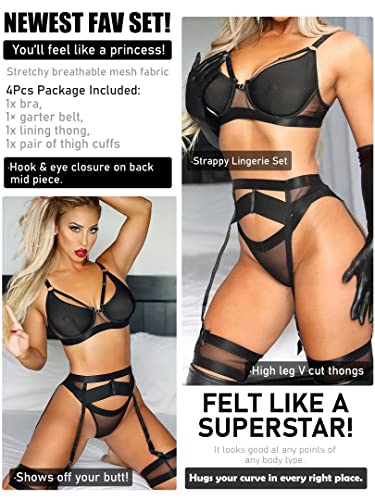 popiv Sexy Lingerie Set for Women 4 Piece Bra and Panty Set with Garter Belt Strappy Lingerie Set with Thigh Cuffs