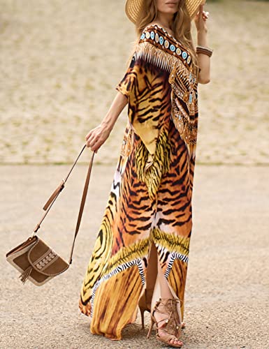 Bsubseach Green Snake Print Loose Kaftan Dress Plus Size Beach Cover Up Half Sleeve Caftan Maxi Dress for Women