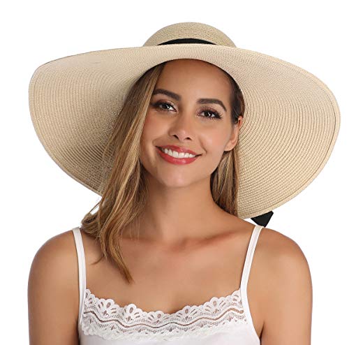 Lanzom Womens 5.5 Inches Wide Brim Straw Hat Floppy Foldable Roll up Cap Beach Sun Hat